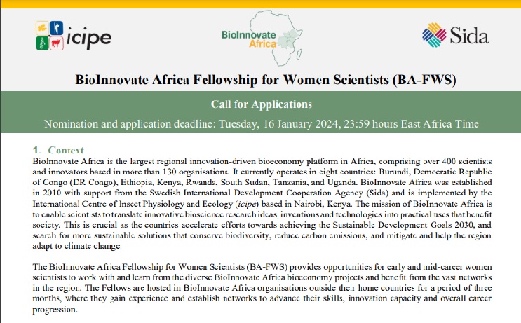 BioInnovate Africa Fellowship for Women Scientists (BA-FWS)