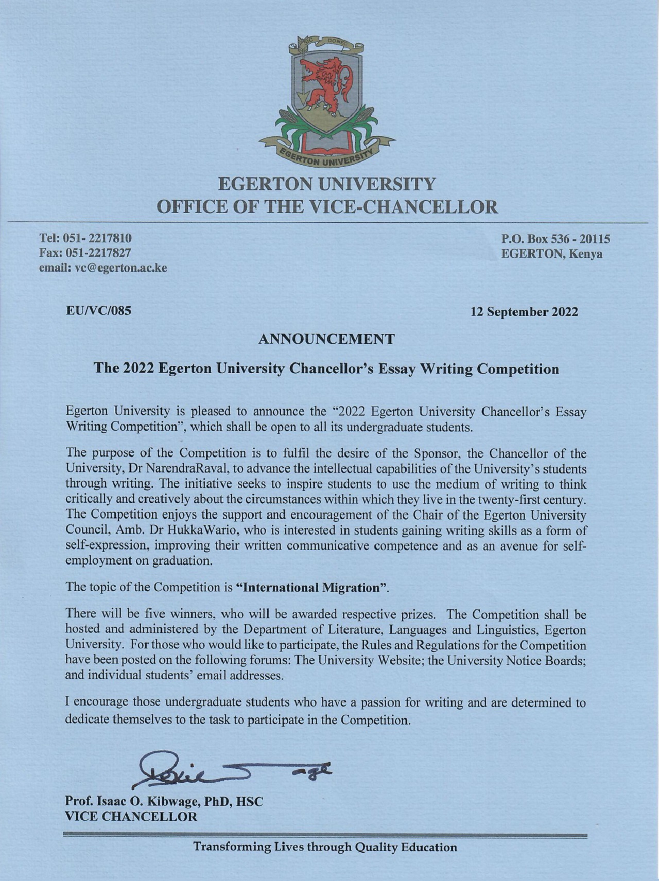 VC APPROVAL LETTER FOR ESSAY COMPETITION