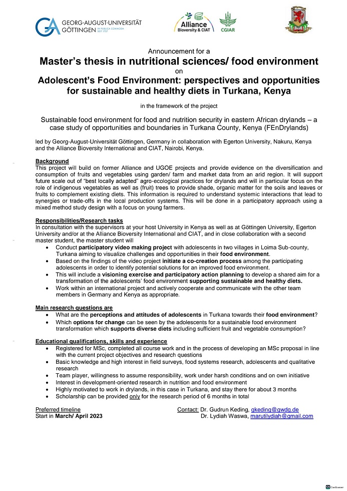 Announcement For a Master's thesis in nutritional sciences/Food environment 