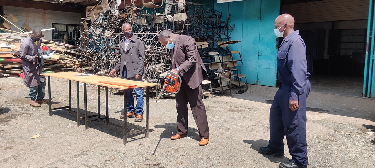 ag. dvc apd prof. richard mulwa commissions the power saw and brush cutter at main campus in njoro on 12 july 2021